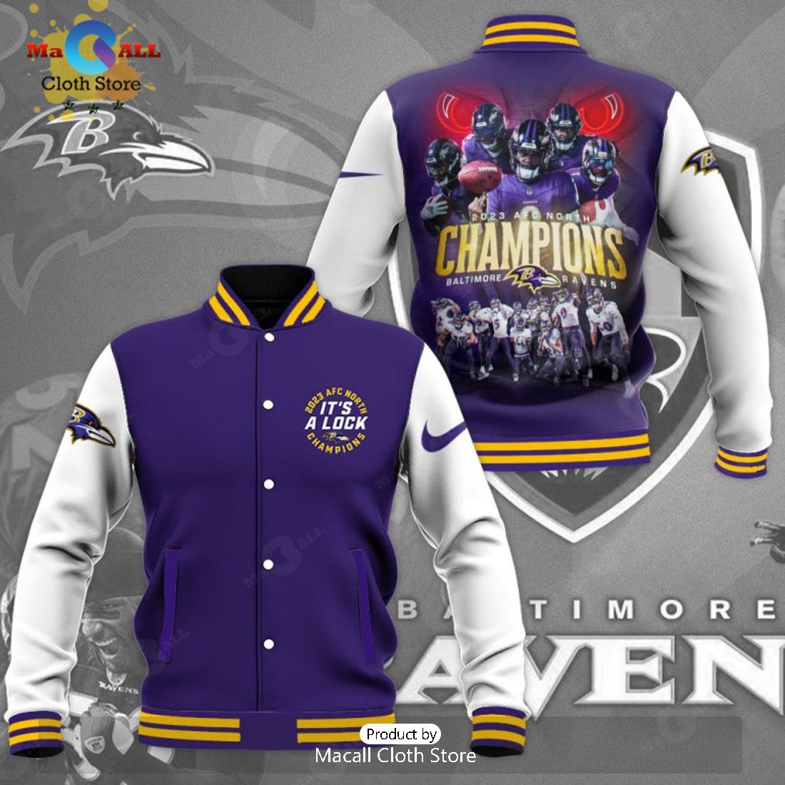 Baltimore Ravens 2023 AFC North Champions Purple Baseball Jacket, Sport Jacket
