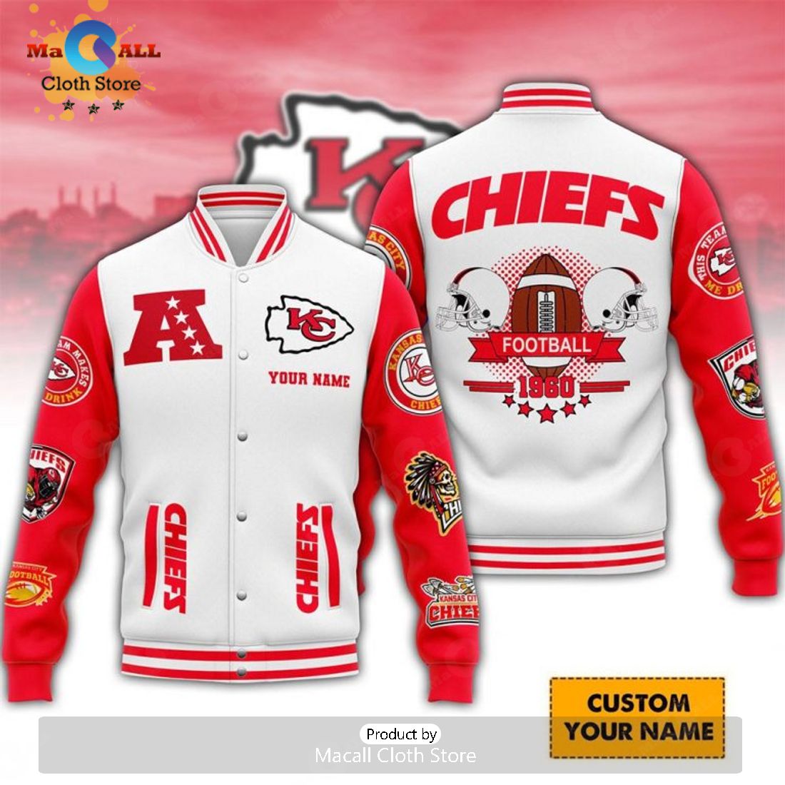 Custom Name Kansas City Chiefs Football 1960 White Baseball Jacket, Sport Jacket