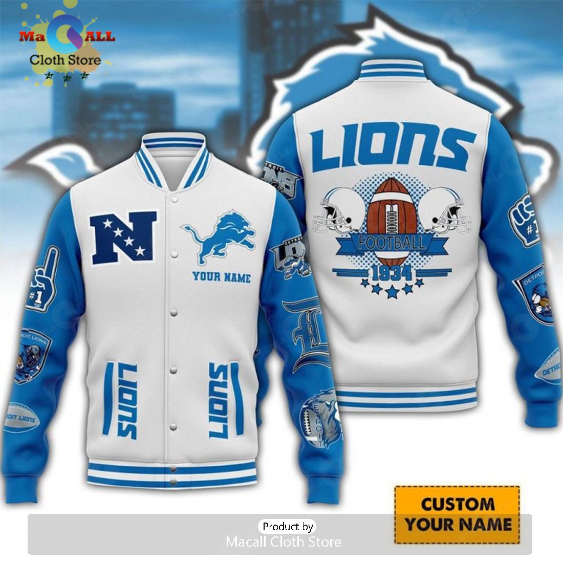 Detroit Lions Custom Name Football 1934 White Baseball Jacket, Sport Jacket