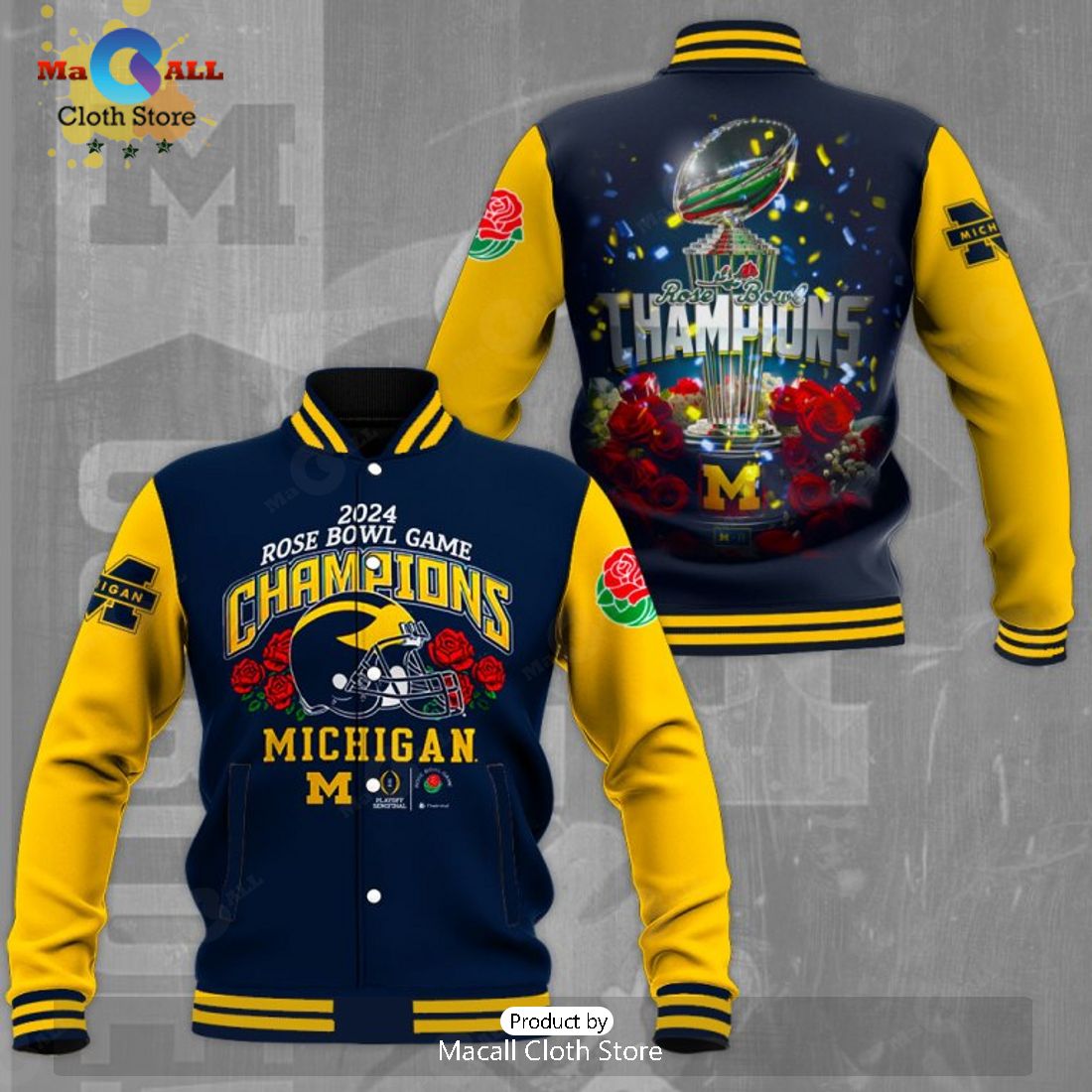 Michigan Wolverines 2024 Rose Bowl Game Champions Navy Baseball Jacket, Sport Jacket