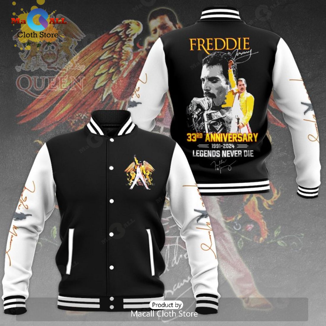 33rd Anniversary Freddie Mercury Legends Never Die Black Baseball Jacket, Sport Jacket