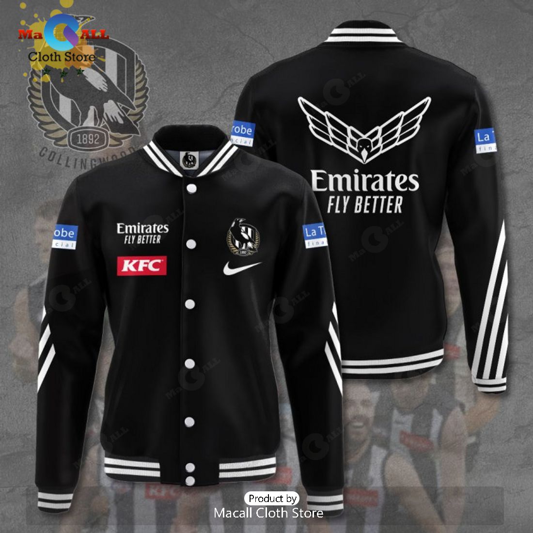 Collingwood FC Emirates Fly Better KFC Black Sport Jacket, Baseball Jacket