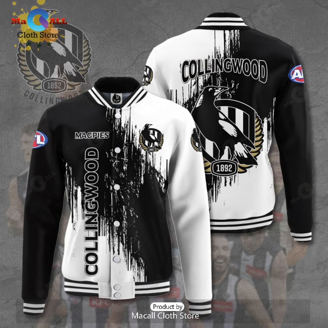 Collingwood FC Magpies 1892 Black Sport Jacket, Baseball Jacket