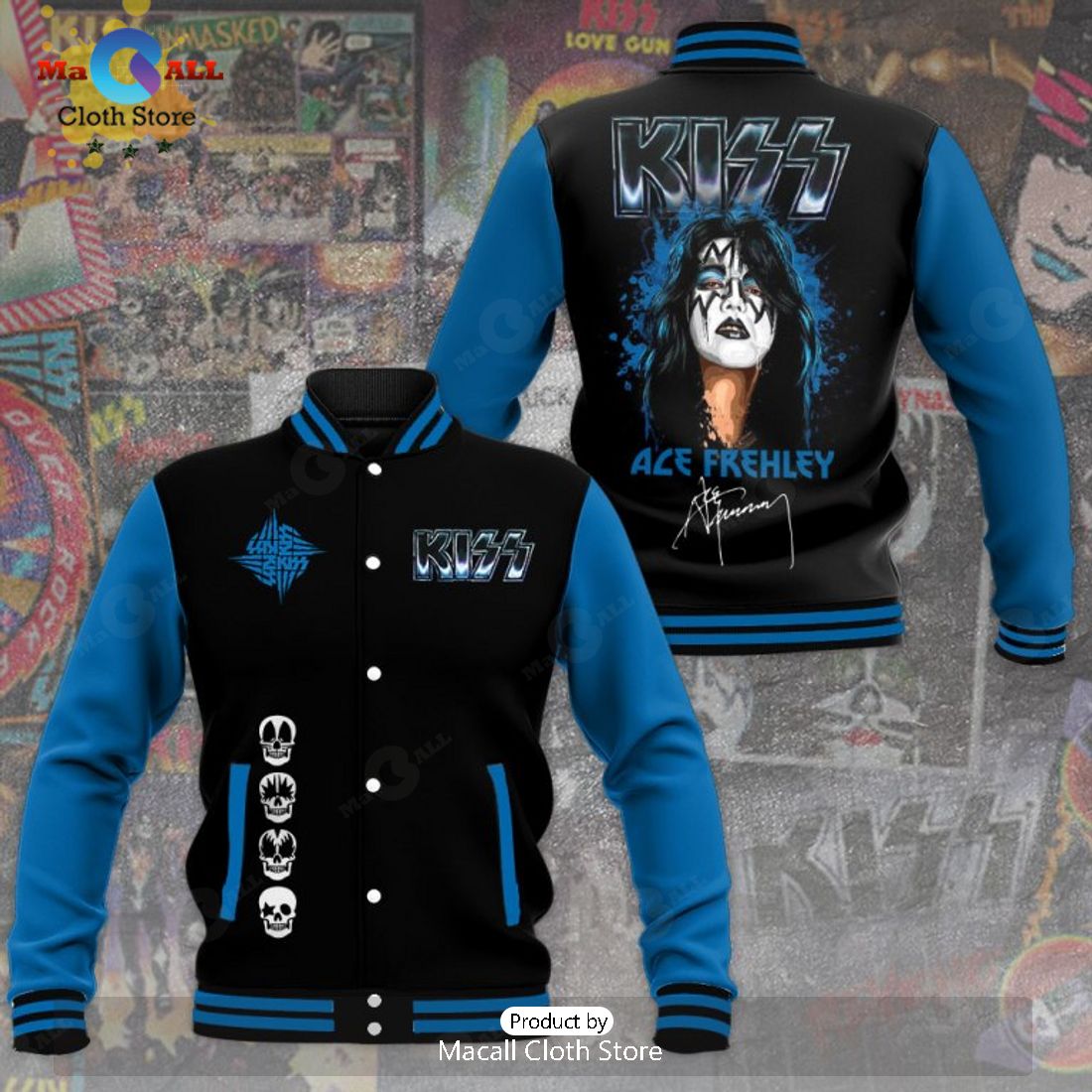 Kiss Band Ace Frehley Signatures Black Baseball Jacket, Sport Jacket