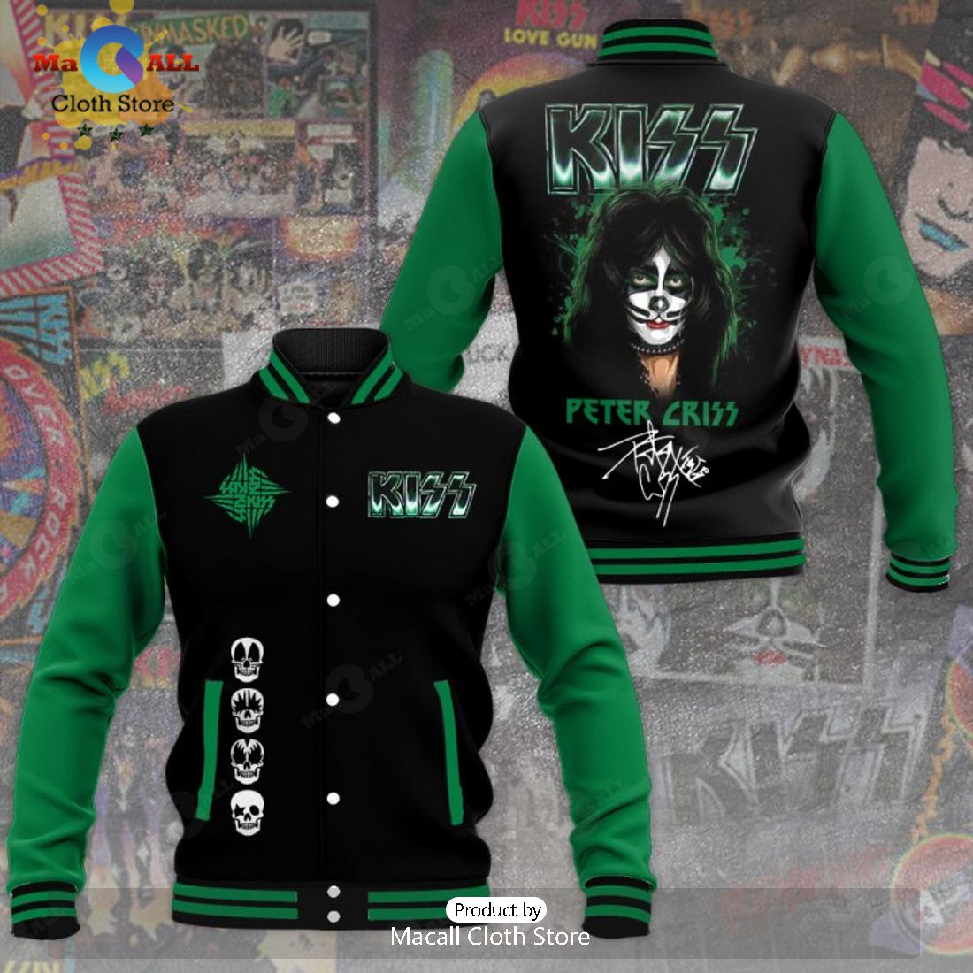 Kiss Band Peter Criss Signatures Black Baseball Jacket, Sport Jacket