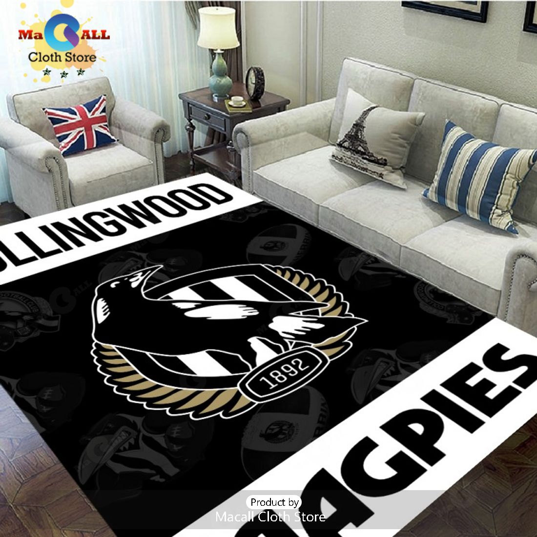Collingwood FC 1892 Magpies Team Logo Black Rectangular Rug Limited Edition