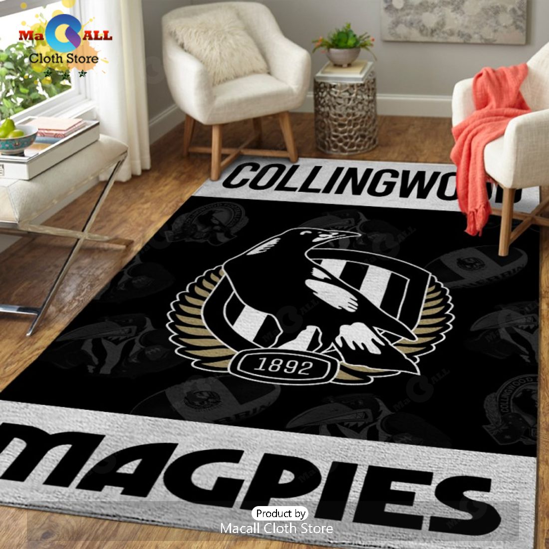 Collingwood FC 1892 Magpies Team Logo Black Rectangular Rug Limited Edition