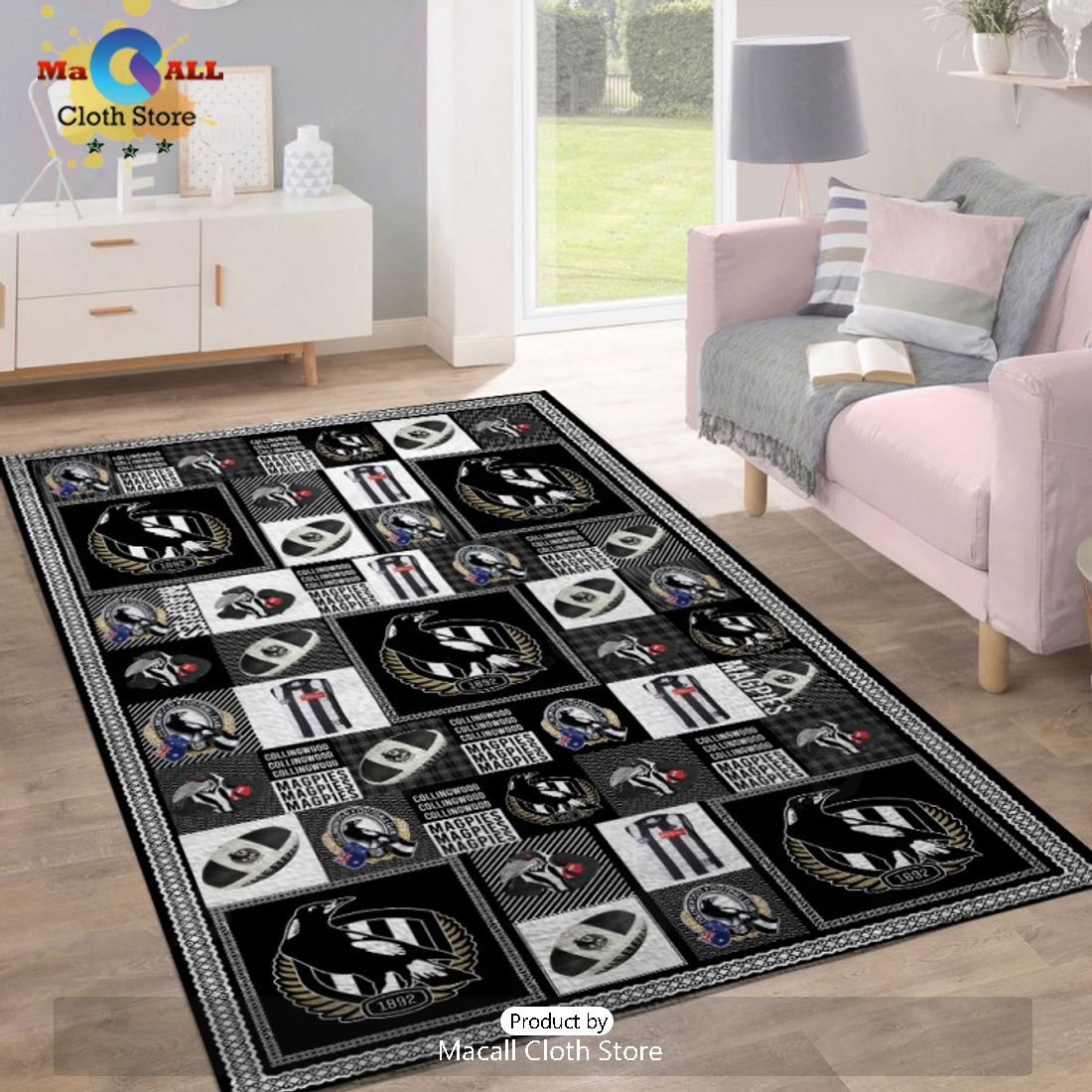 Collingwood FC Sports Logo Design Black Rectangular Rug Limited Edition