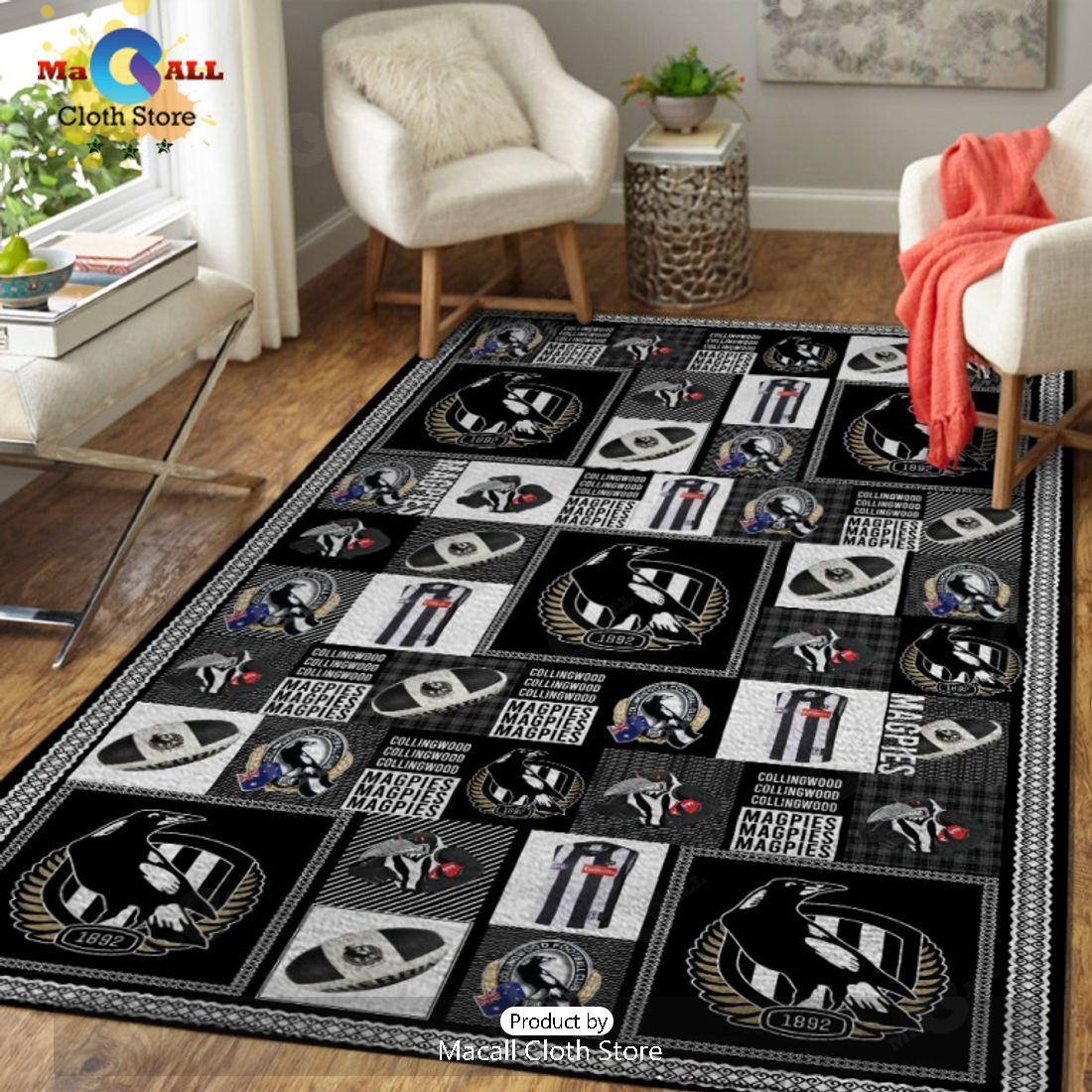 Collingwood FC Sports Logo Design Black Rectangular Rug Limited Edition