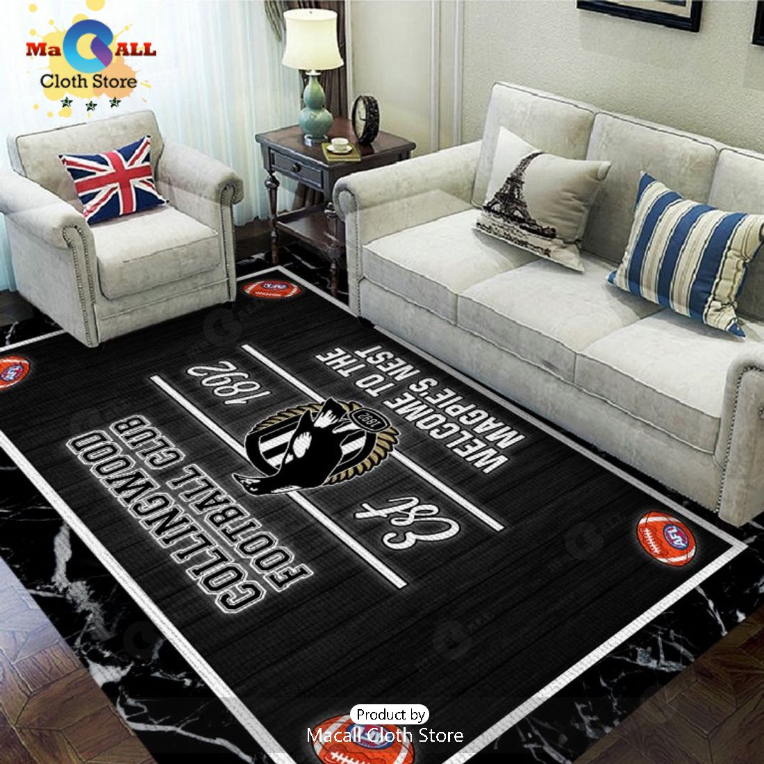 Collingwood FC Welcome To The Magpies Nest Black Rectangular Rug Limited