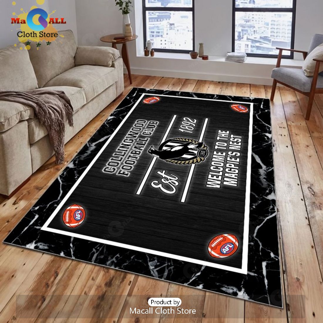 Collingwood FC Welcome To The Magpies Nest Black Rectangular Rug Limited