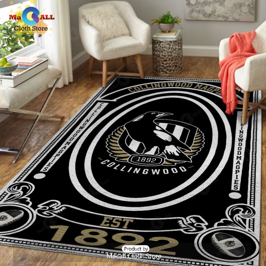 EST 1892 Collingwood FC Black Rectangular Rug Limited Edition