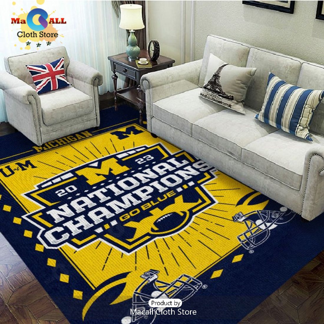 Michigan Wolverines Football 2023 Go Blue Champions Gold Rectangular Rug