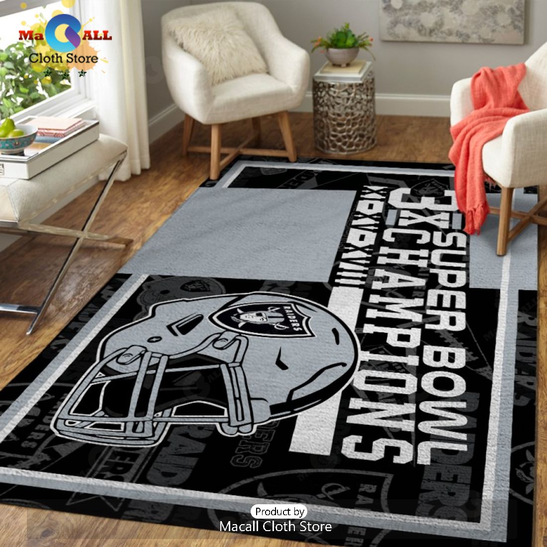NFL Las Vegas Raiders 3X Super Bowl Champions Grey Rectangular Rug Limited
