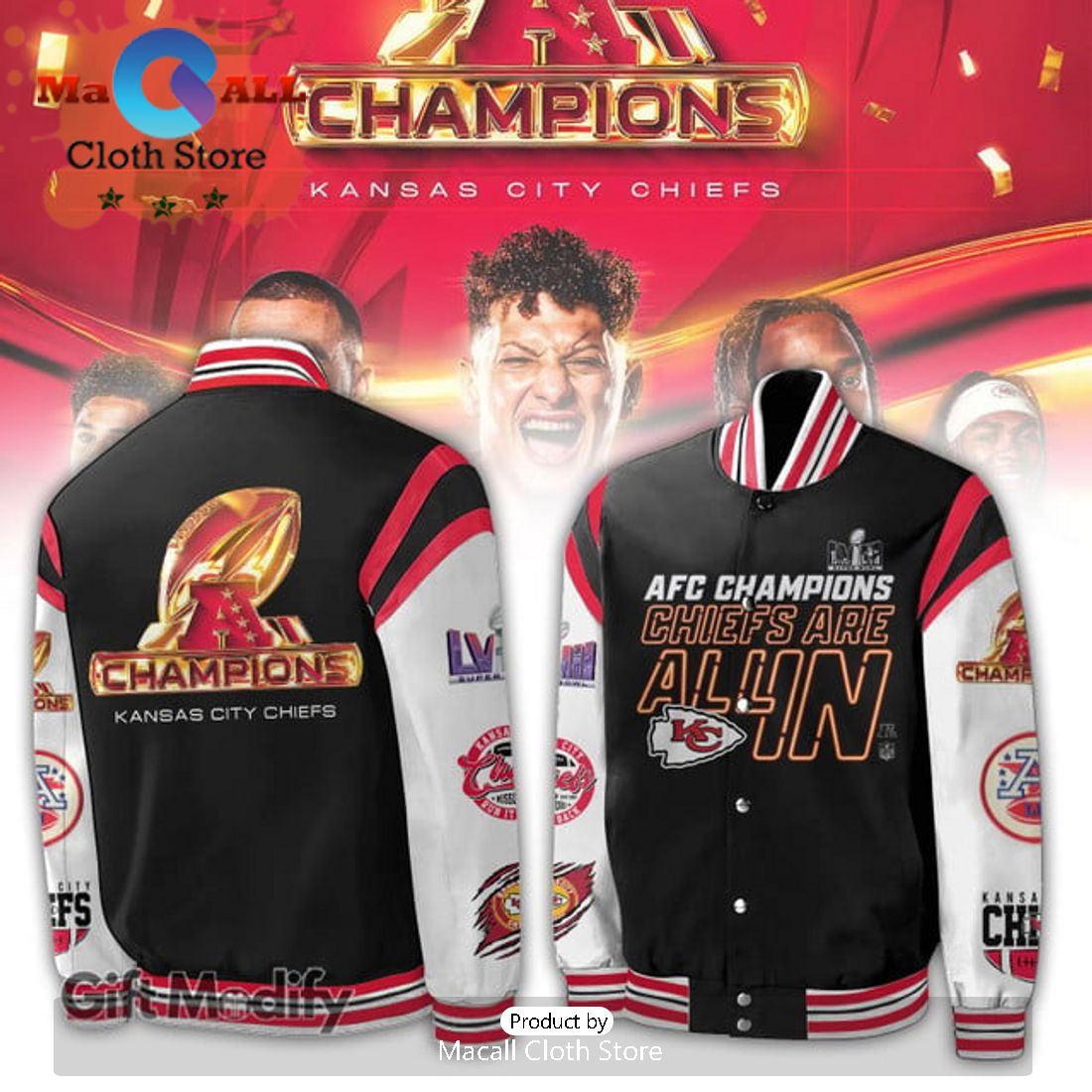 AFC Champions Chiefs Are All In Kansas City Chiefs Black Design Baseball Jacket
