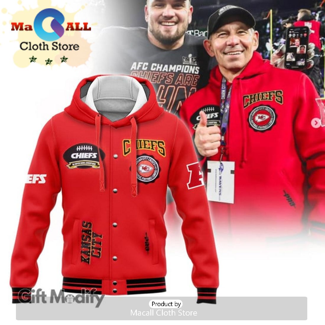 Kansas City Chiefs AFC Champion Red Design Baseball Jacket All Over Printed