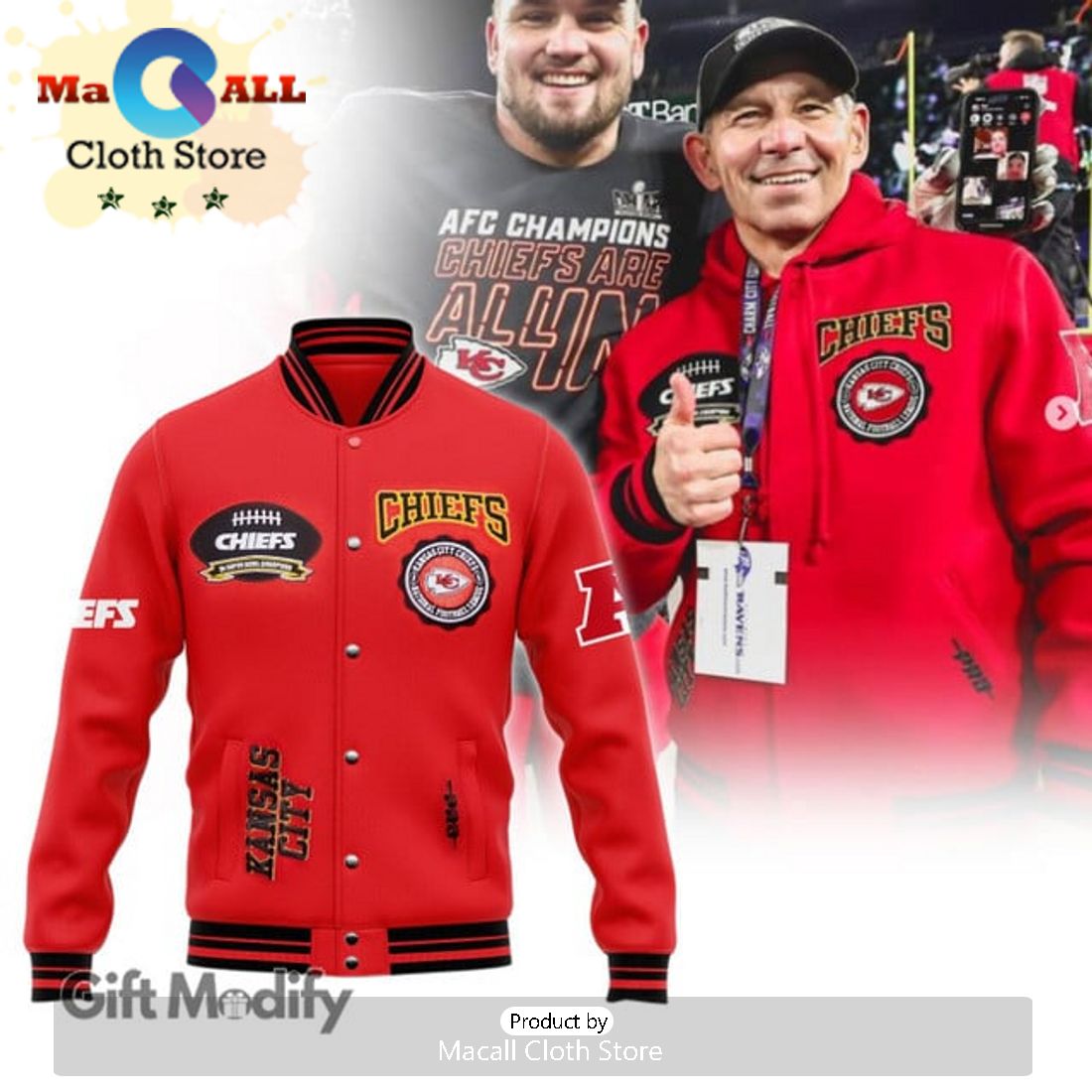 Kansas City Chiefs AFC Champion Red Design Baseball Jacket All Over Printed