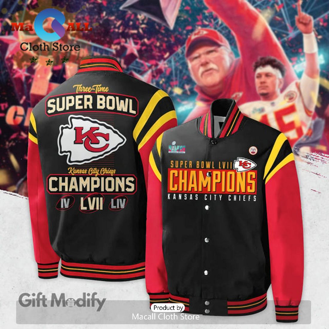 Kansas City Chiefs Three Time Super Bowl Champion Black Design Baseball Jacket
