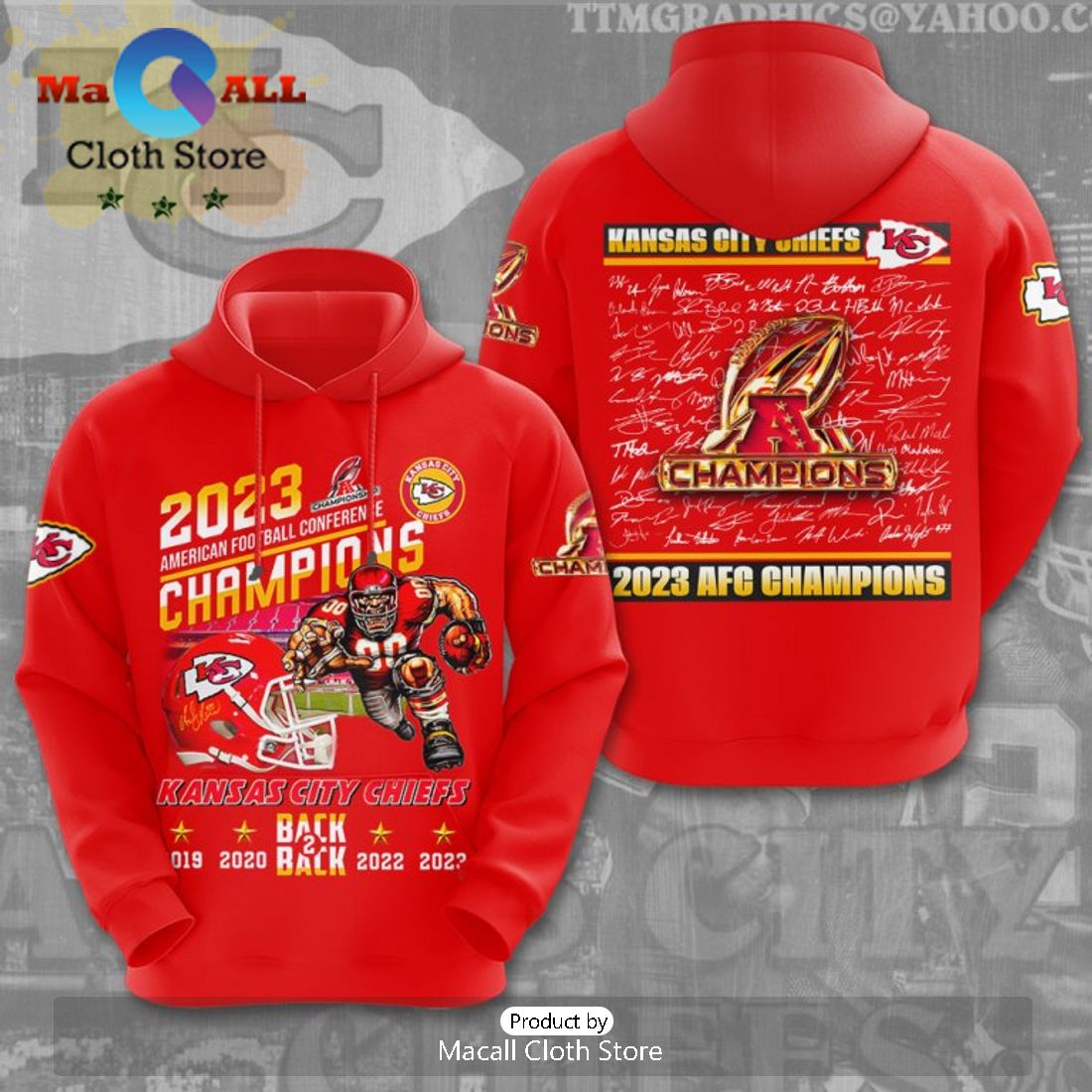 2023 AFC Champions Kansas City Chiefs Back 2 Back Signatures Red Hoodie