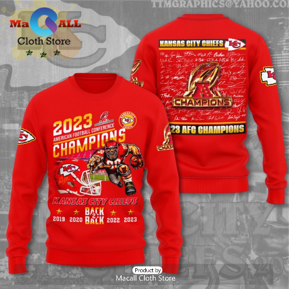 2023 AFC Champions Kansas City Chiefs Back 2 Back Signatures Red Hoodie