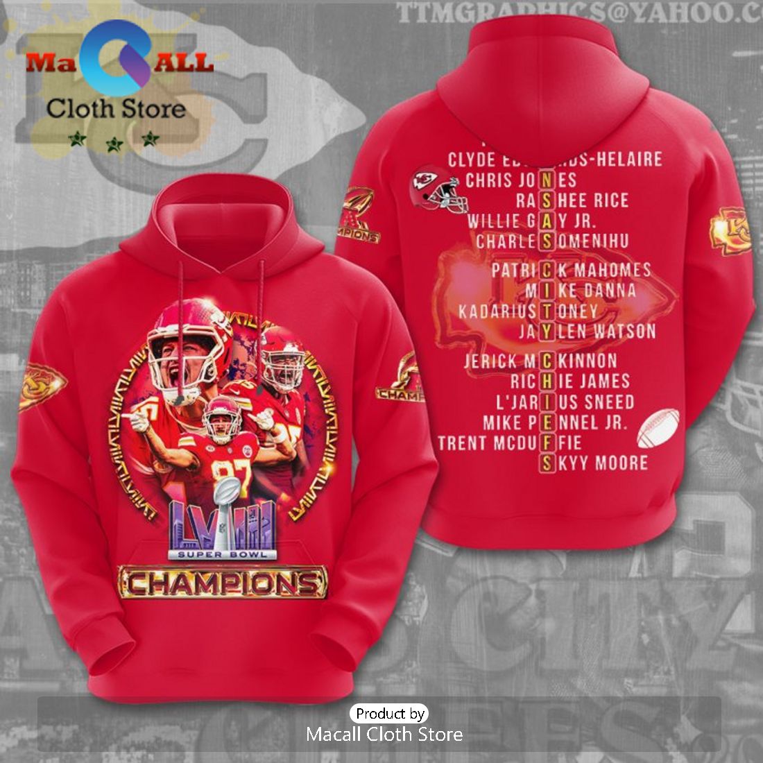 LVIII Super Bowl Champions Kansas City Chiefs Super Stars Team Red Hoodie
