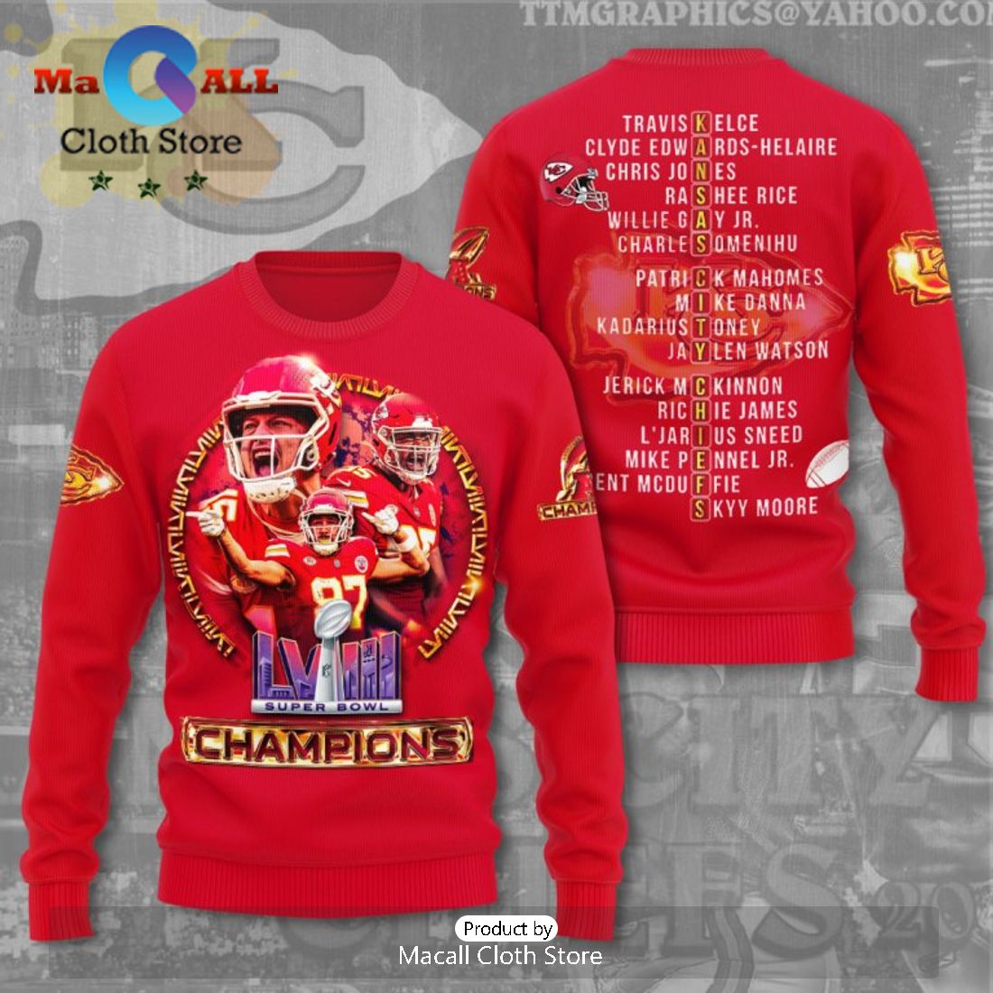 LVIII Super Bowl Champions Kansas City Chiefs Super Stars Team Red Hoodie