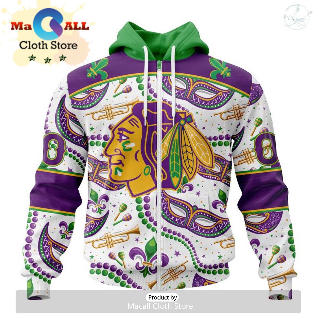 Custom NHL Chicago Blackhawks Special Mardi Gras Design Hoodie