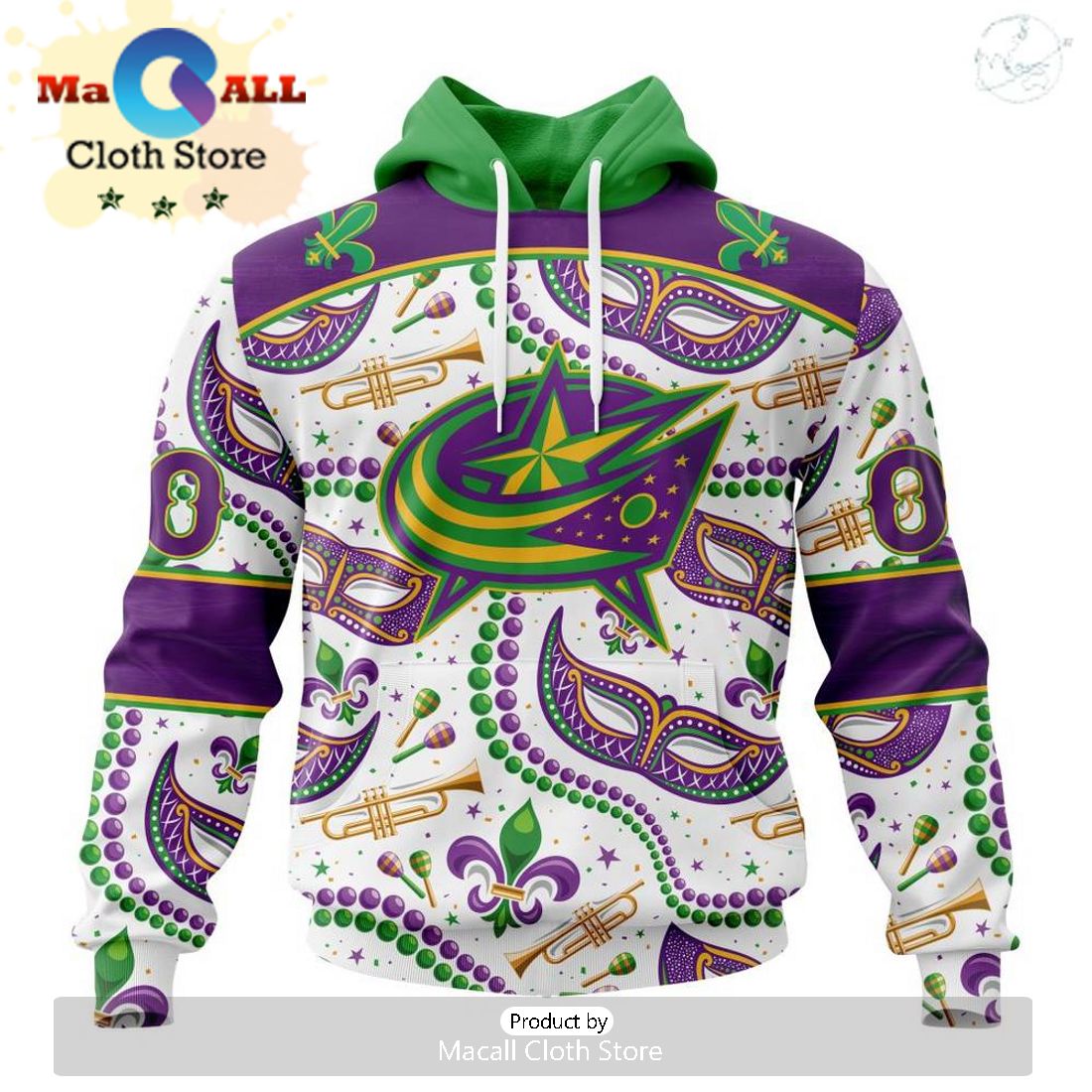 Custom NHL Columbus Blue Jackets Special Mardi Gras Design Hoodie