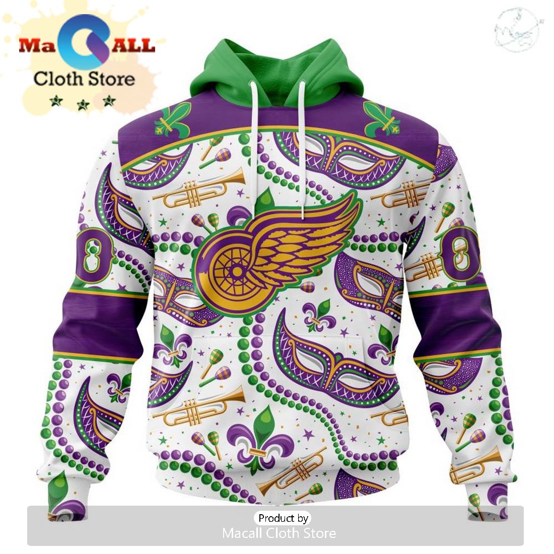 Custom NHL Detroit Red Wings Special Mardi Gras Design Hoodie