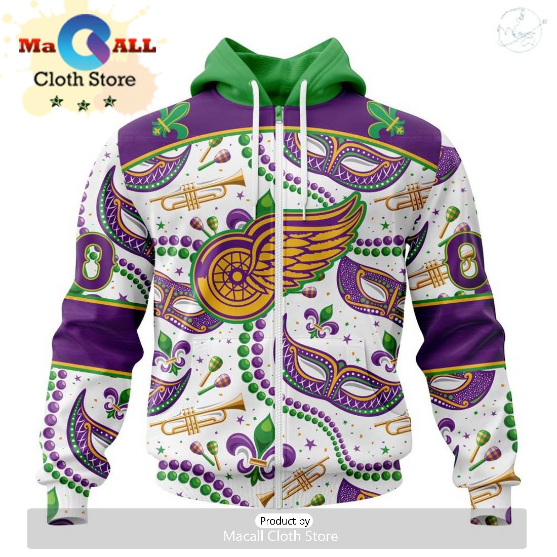 Custom NHL Detroit Red Wings Special Mardi Gras Design Hoodie