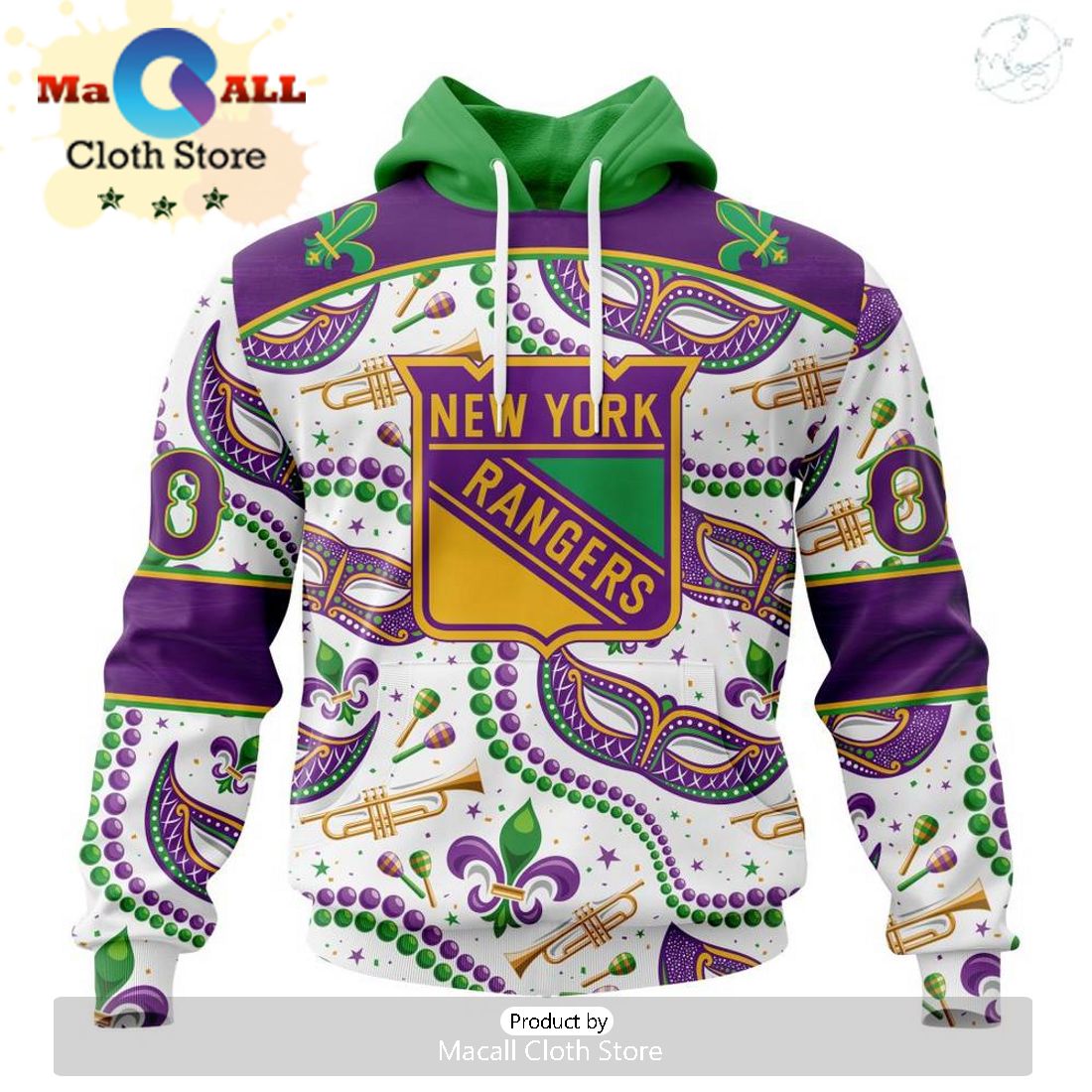 Custom NHL New York Rangers Special Mardi Gras Design Hoodie