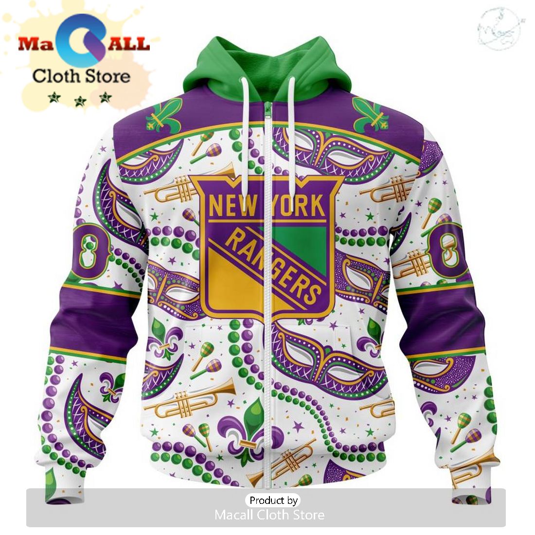 Custom NHL New York Rangers Special Mardi Gras Design Hoodie