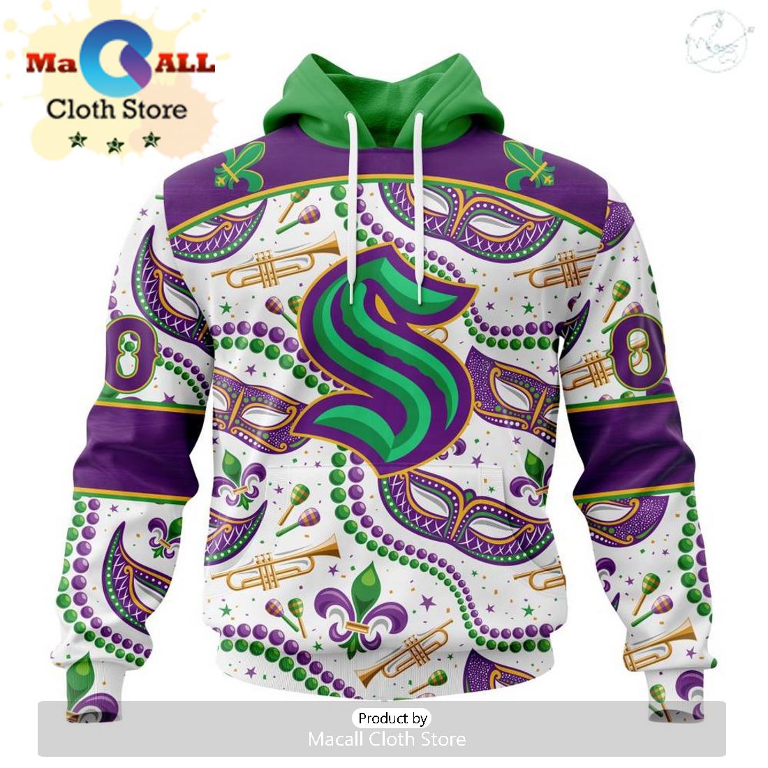Custom NHL Seattle Kraken Special Mardi Gras Design Hoodie