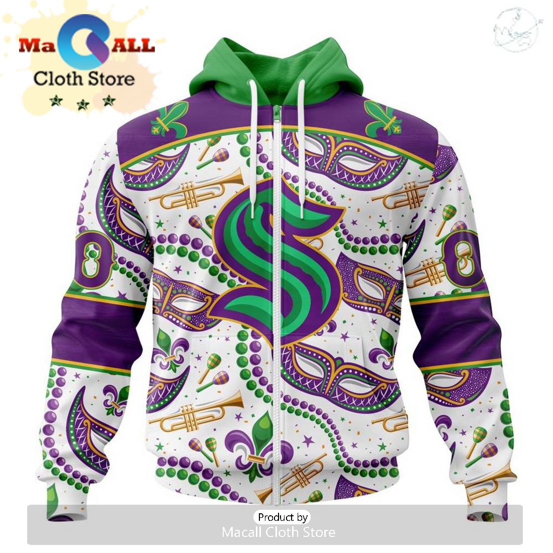 Custom NHL Seattle Kraken Special Mardi Gras Design Hoodie