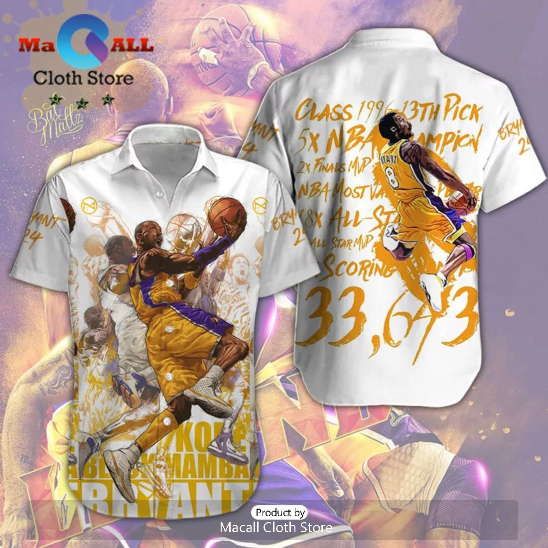 Kobe Bryant Los Angeles Lakers NBA 3D Sport White Hawaiian Shirt