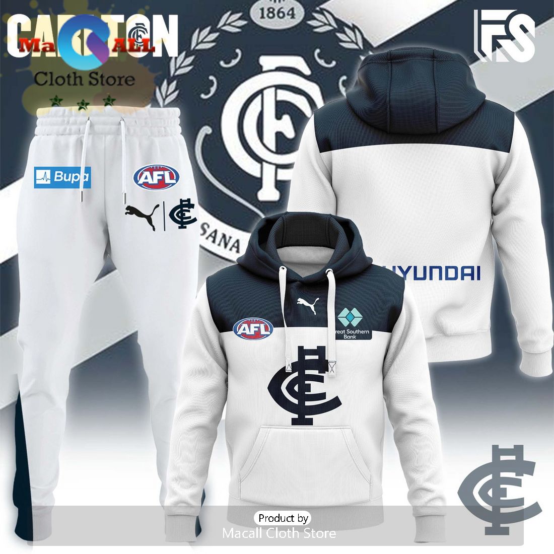 Carlton Blues AFL Combo 2024 White Hoodie And Pants
