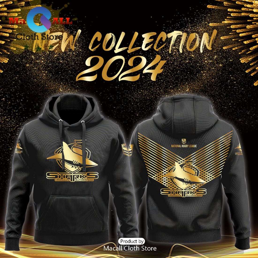 Cronulla Sharks NRL Black Premier Hoodie, Sweatshirt 3D