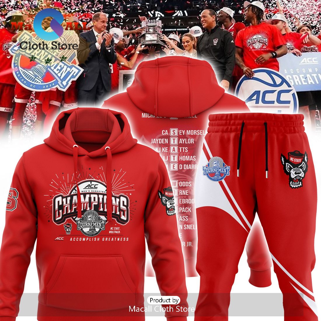 NC State Wolfpack 2024 Acc Championship Red Hoodie And Pants