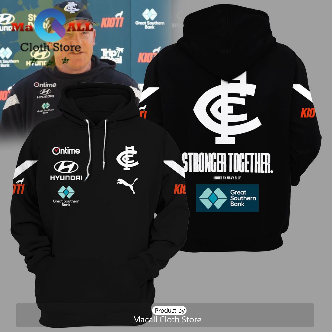 AFL Carlton Blues Stronger Together Black Hoodie 3D