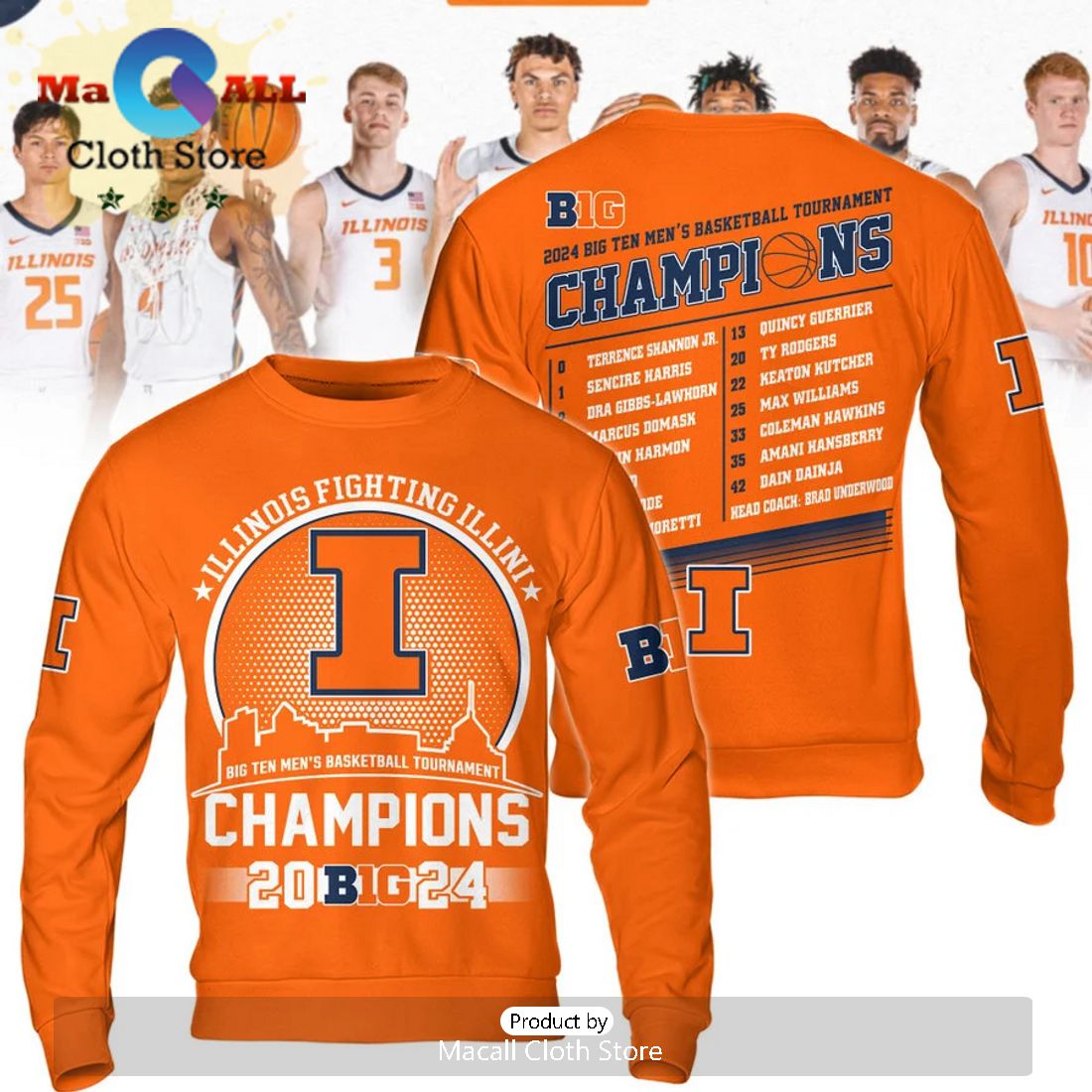 Illinois Fighting Illini 2024 Big Ten Conference Orange Tournament Champions Hoodie 3D