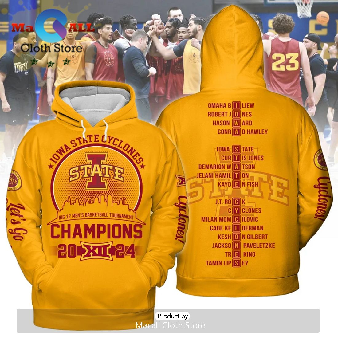 Iowa State Cyclones Men's Basketball 2024 Champions Gold Hoodie 3D Iowa State Cyclones Men's Basketball 2024 Champions Gold Hoodie 3D
