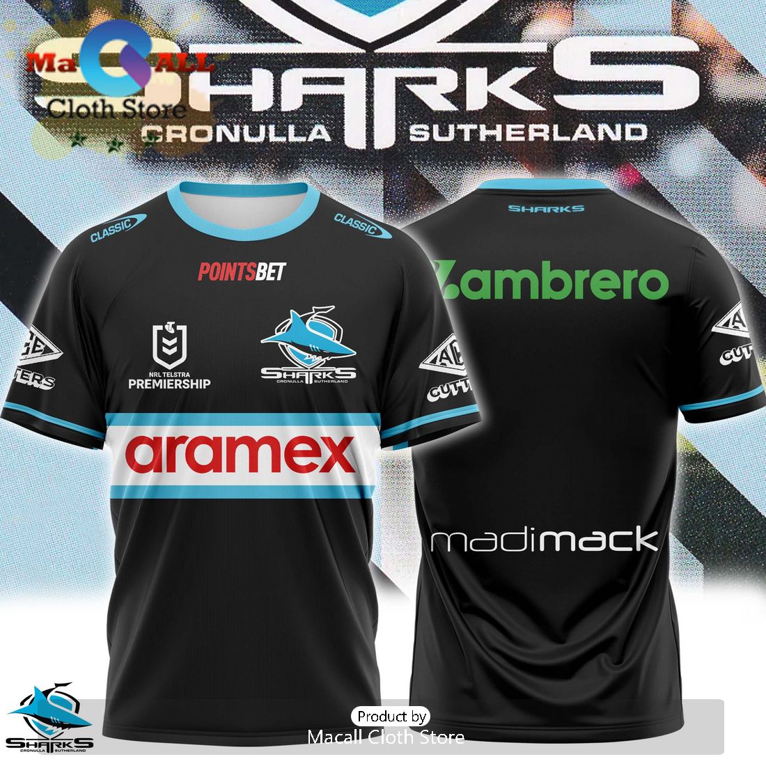 Special Edition NRL Cronulla Sharks Black Hoodie 3D