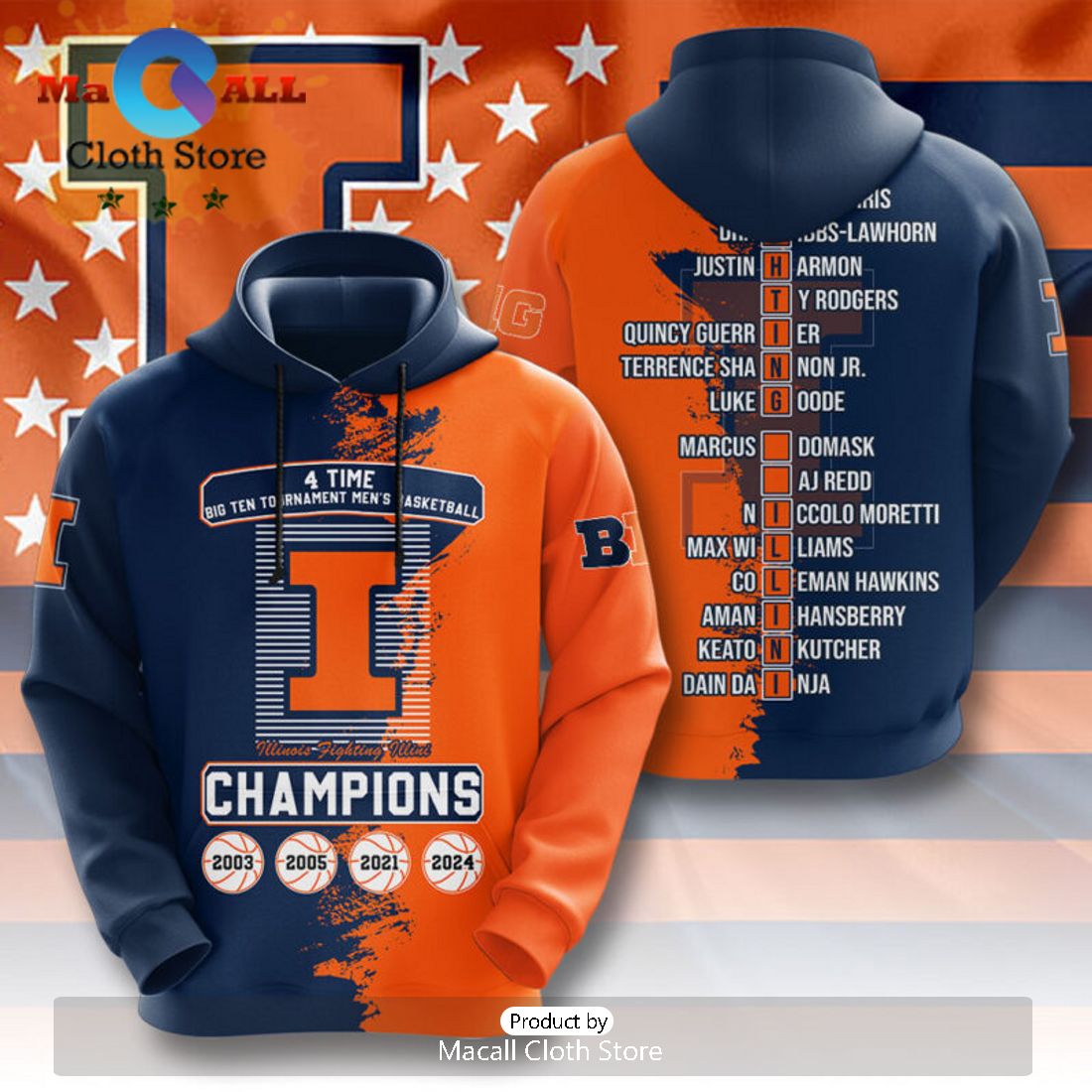 Illinois Fighting Illini 4 Time Big Ten Men’s Basketball 3D Hoodie Illinois Fighting Illini 4 Time Big Ten Men’s Basketball 3D Hoodie