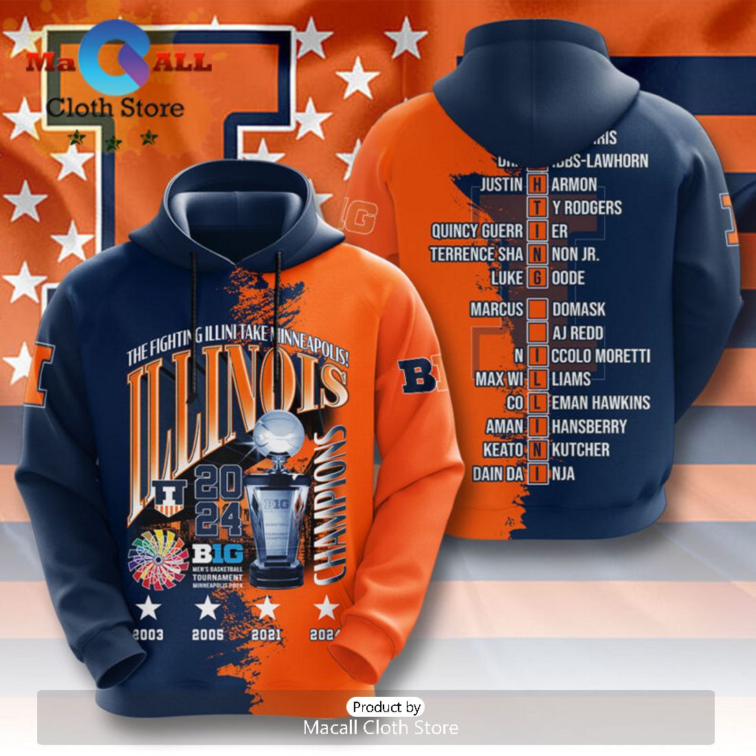 Illinois Fighting Illini Men’s Basketball BIG Champs 3D Hoodie Illinois Fighting Illini Men’s Basketball BIG Champs 3D Hoodie