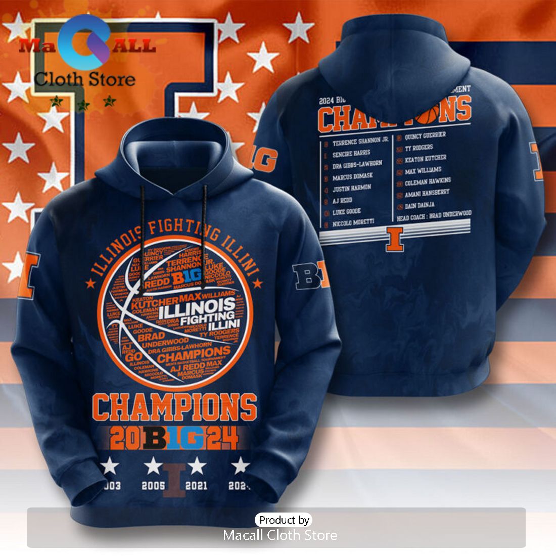 Illinois Fighting Illini Men’s Basketball Champions Navy 3D Hoodie Illinois Fighting Illini Men’s Basketball Champions Navy 3D Hoodie