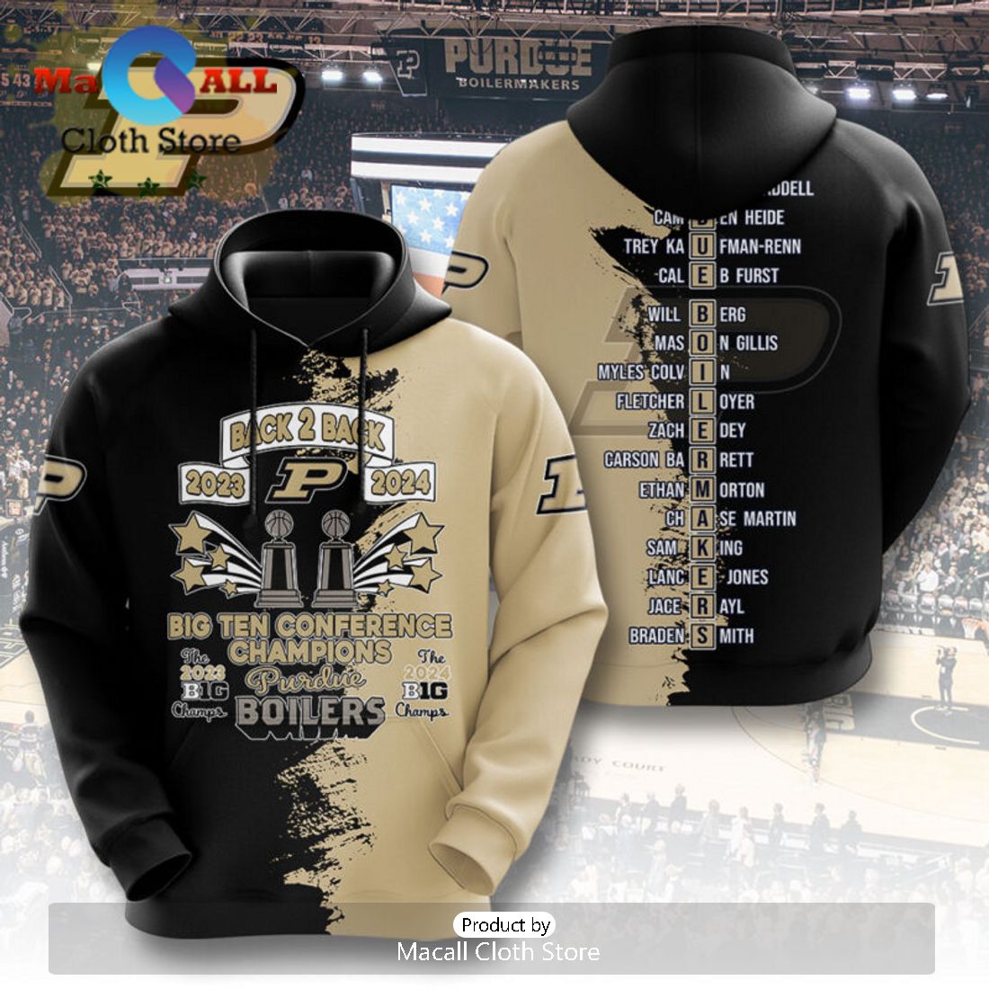 Purdue Boilermakers Back 2 Back Men’s Basketball 3D Hoodie