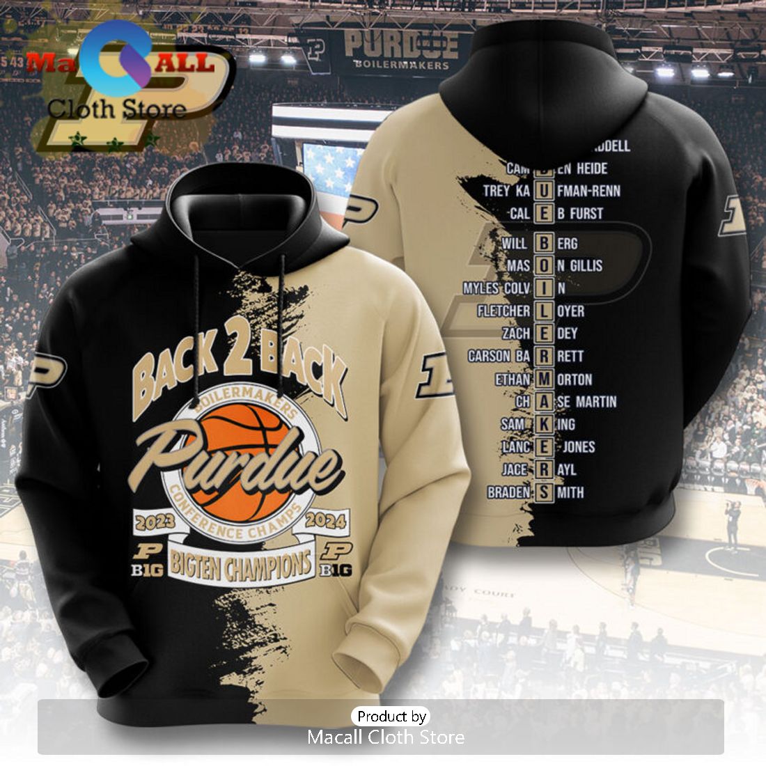 Purdue Boilermakers Men’s Basketball Back 2 Back 3D Hoodie