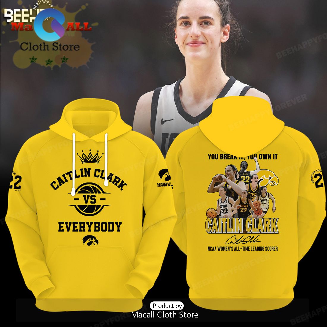 Caitlin Clark Vs Everybody Iowa Hawkeyes Basketball Yellow Hoodie