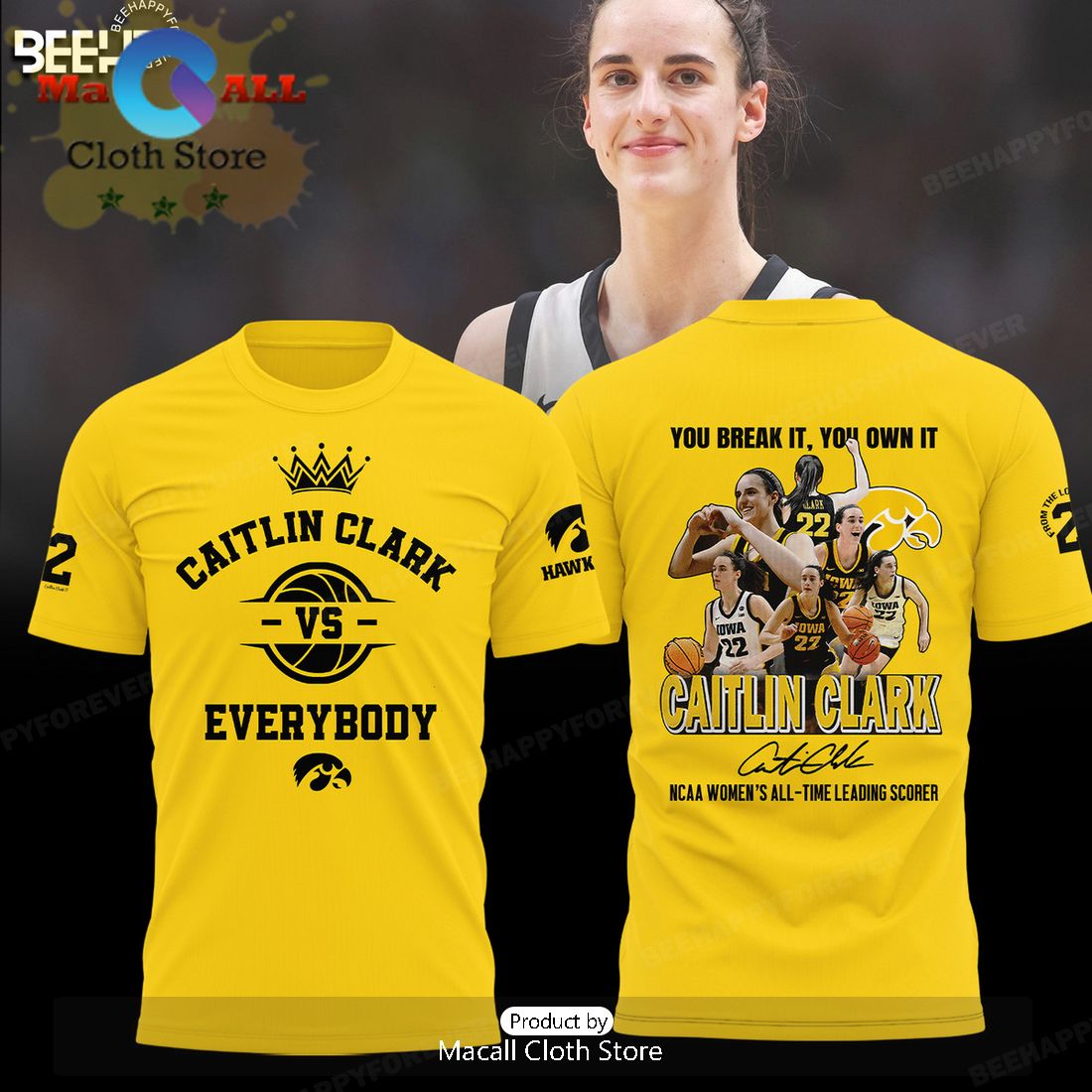Caitlin Clark Vs Everybody Iowa Hawkeyes Basketball Yellow Hoodie