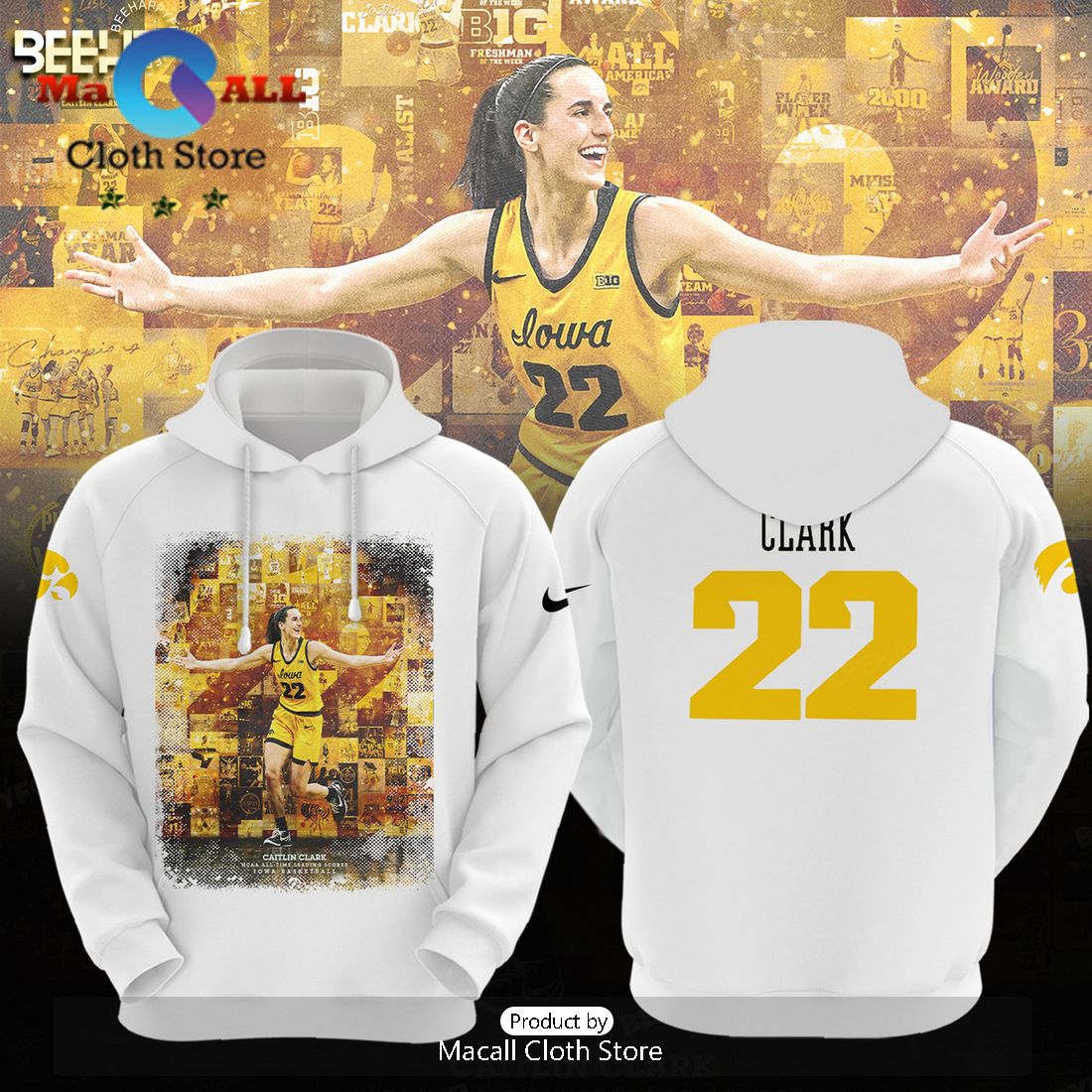 Iowa Hawkeyes - Caitlin Clark Women’s Basketball White Hoodie Iowa Hawkeyes - Caitlin Clark Women’s Basketball White Hoodie